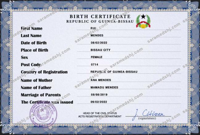 Guinea-Bissau birth certificate PSD template